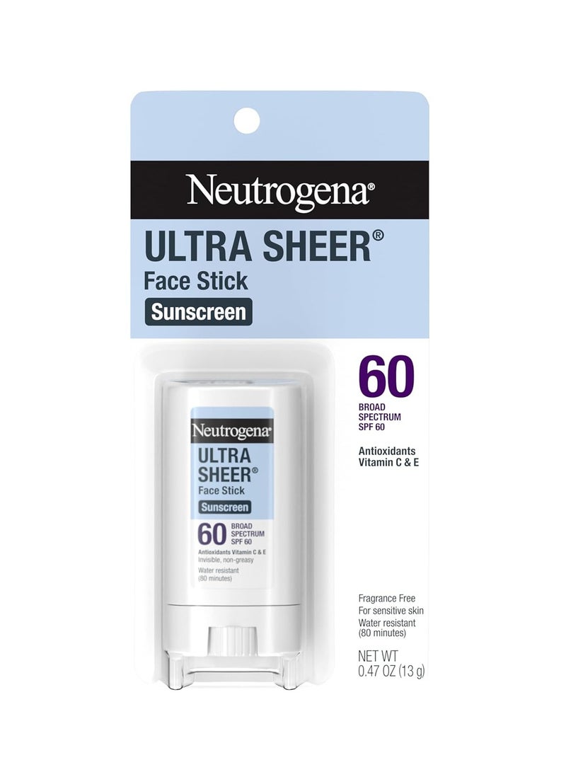 Neutrogena Ultra Sheer SPF 60 Face Sunscreen Stick, Water Resistant Facial Stick with Broad Spectrum SPF 60 Protection for Sensitive Skin, Mini Travel Sunscreen, Oxybenzone-Free, 0.47 ozounce