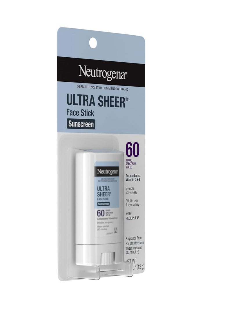 Neutrogena Ultra Sheer SPF 60 Face Sunscreen Stick, Water Resistant Facial Stick with Broad Spectrum SPF 60 Protection for Sensitive Skin, Mini Travel Sunscreen, Oxybenzone-Free, 0.47 ozounce