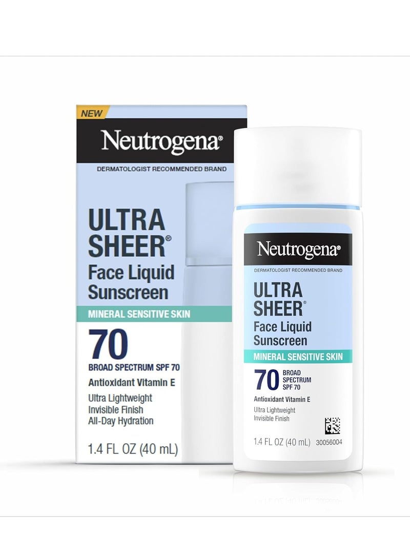 Ultra Sheer Face Liquid Mineral Sunscreen, Lightweight, Broad Spectrum SPF 70 Facial Sunscreen for Sensitive Skin Leaves a Silky, Non-Greasy Finish, Oxybenzone-Free 40ml