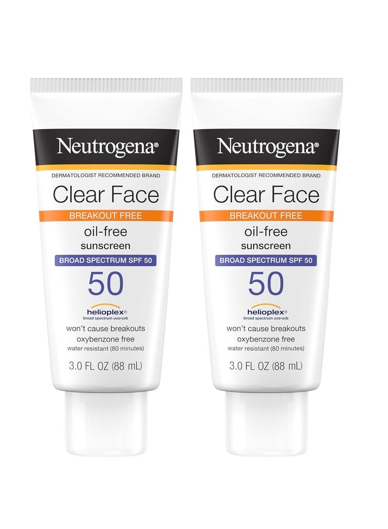 Clear Face Sunscreen Lotion for Acne-Prone Skin, Broad Spectrum SPF 50 Facial Sunscreen for Oily Skin, Oil-, Fragrance- & Oxybenzone-Free Water Resistant Sunscreen, Twin Pack, 2 x 3 fl. Oz 3 fl. oz. (Pack of 2)Fluid Ounce