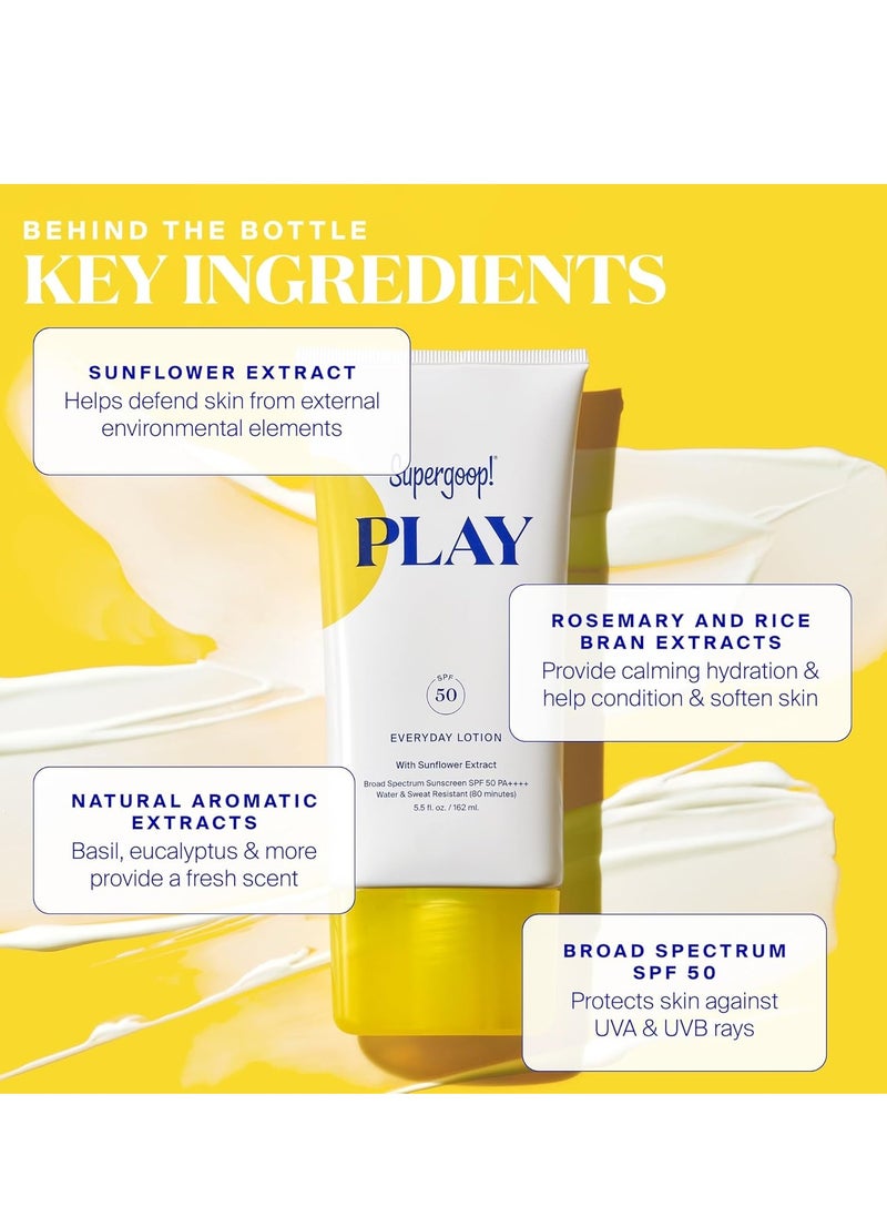 Supergoop! PLAY Everyday Lotion SPF 50 - Broad Spectrum Body & Face Sunscreen for Sensitive Skin - Great for Active Days - Fast Absorbing, Water & Sweat Resistant - 5.5 fl oz