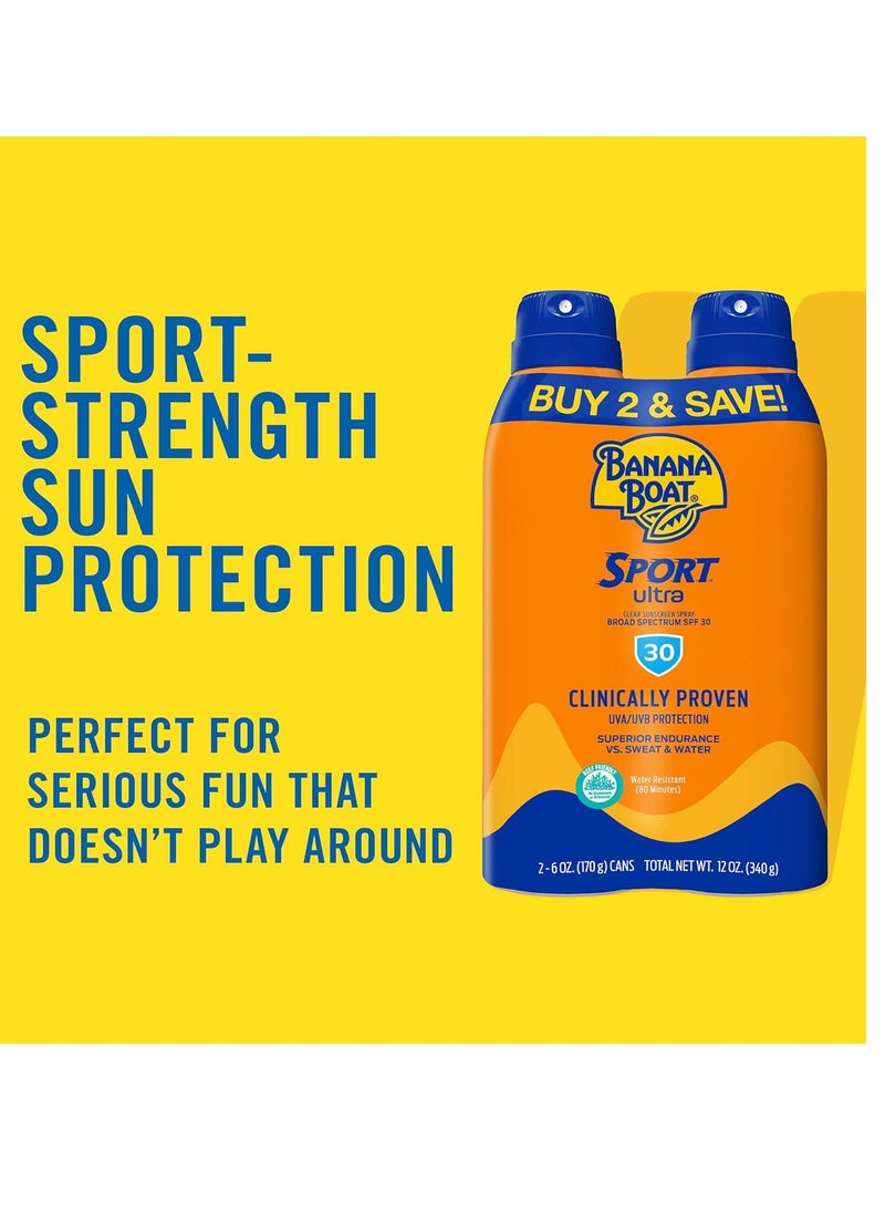 Banana Boat Sport Ultra SPF 30 Sunscreen Spray Twin Pack | Banana Boat Sunscreen Spray SPF 30, Spray On Sunscreen, Water Resistant Sunscreen, Oxybenzone Free Sunscreen Pack, 6oz each