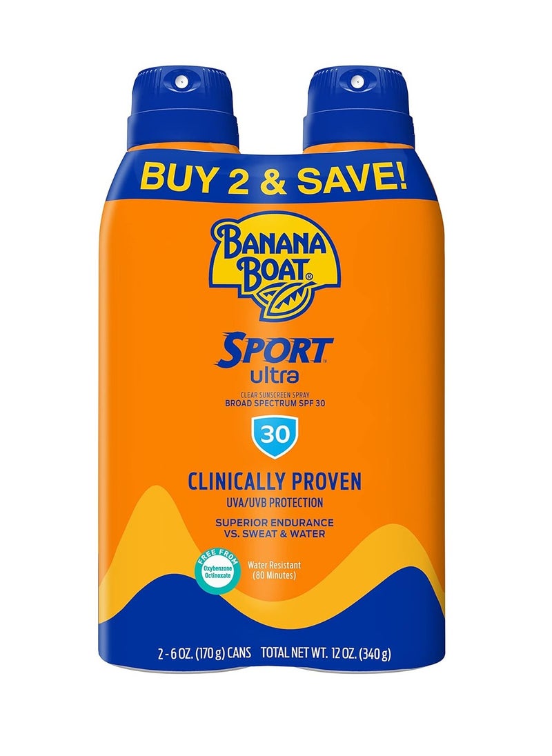 Banana Boat Sport Ultra SPF 30 Sunscreen Spray Twin Pack | Banana Boat Sunscreen Spray SPF 30, Spray On Sunscreen, Water Resistant Sunscreen, Oxybenzone Free Sunscreen Pack, 6oz each