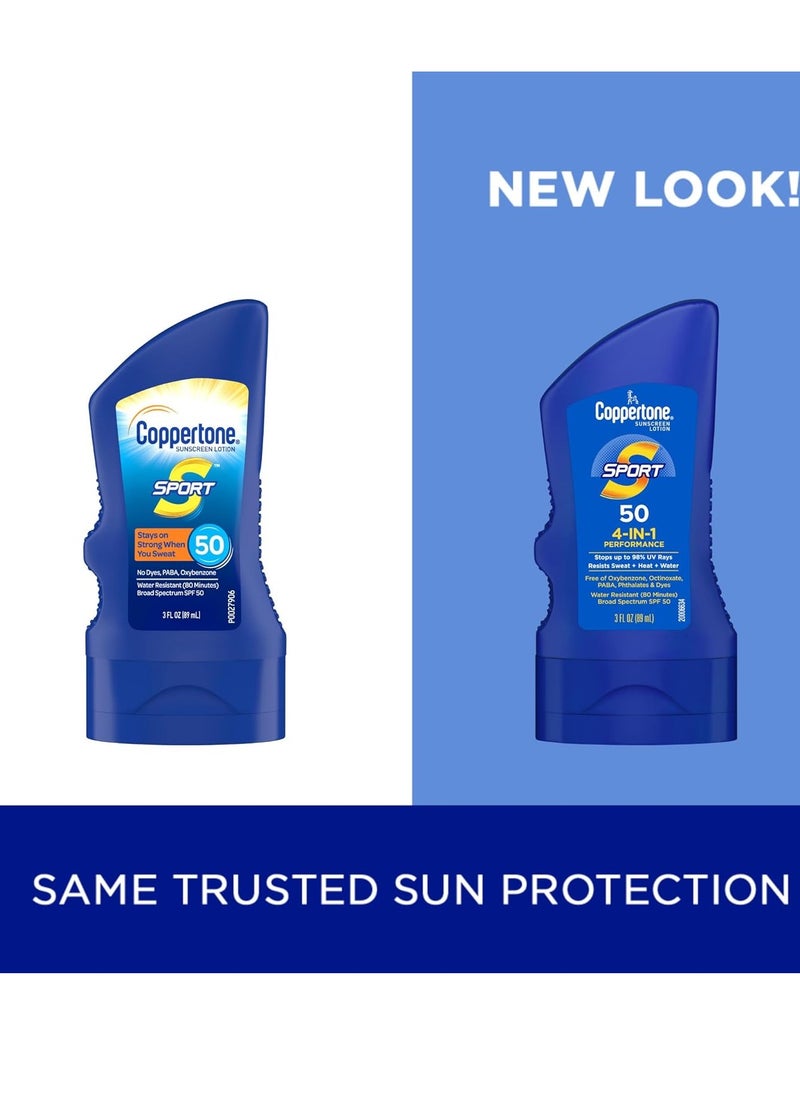 Coppertone Sport Sunscreen Lotion SPF 50, Water Resistant Sunscreen Bulk Pack, 3 Fl Oz Bottle, Pack of 6