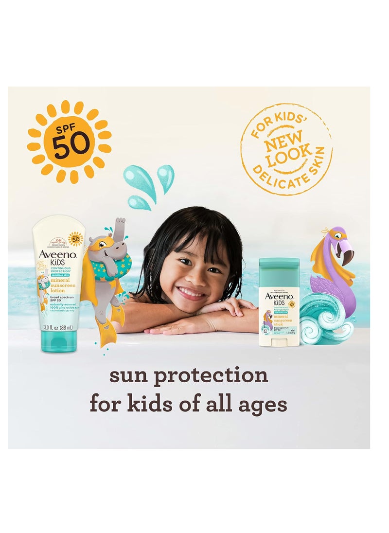 Aveeno Kids Continuous Protection Zinc Oxide Mineral Sunscreen Lotion for Children's Sensitive Skin with Broad Spectrum SPF 50, Tear-Free, Sweat- & Water-Resistant, Non-Greasy, 3 fl. Oz