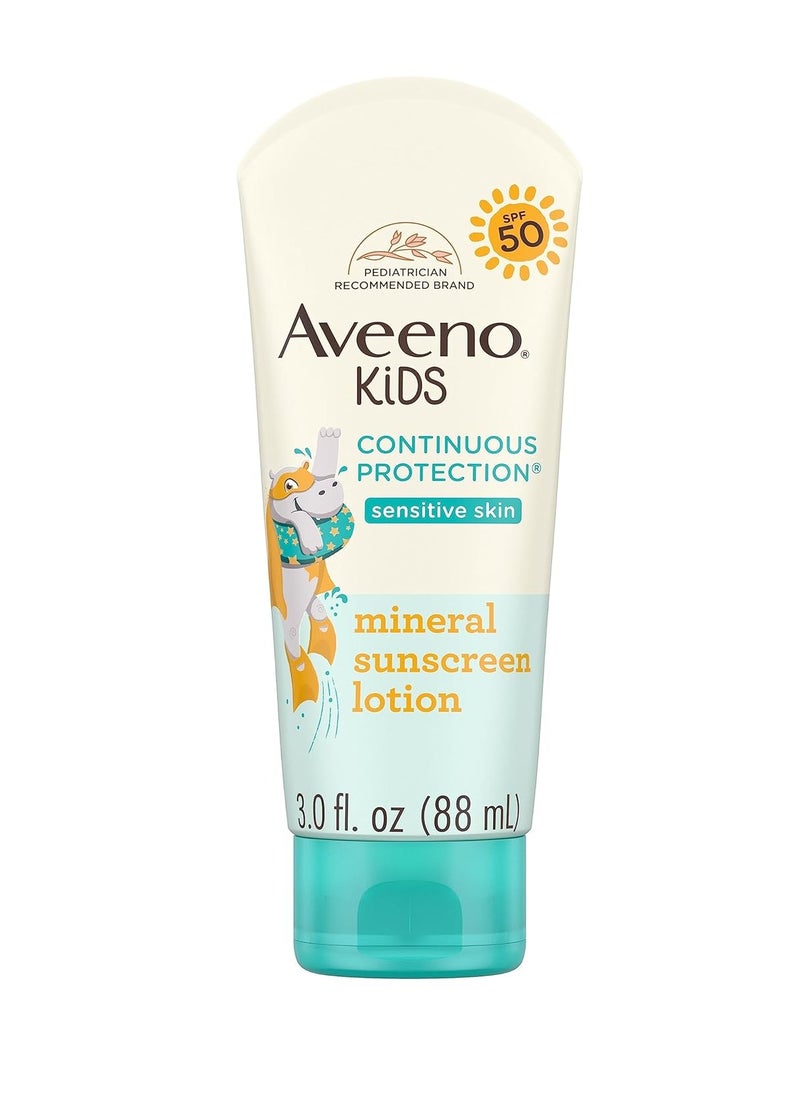 Aveeno Kids Continuous Protection Zinc Oxide Mineral Sunscreen Lotion for Children's Sensitive Skin with Broad Spectrum SPF 50, Tear-Free, Sweat- & Water-Resistant, Non-Greasy, 3 fl. Oz