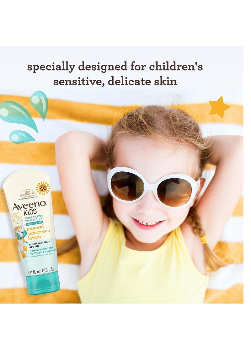 Aveeno Kids Continuous Protection Zinc Oxide Mineral Sunscreen Lotion for Children's Sensitive Skin with Broad Spectrum SPF 50, Tear-Free, Sweat- & Water-Resistant, Non-Greasy, 3 fl. Oz