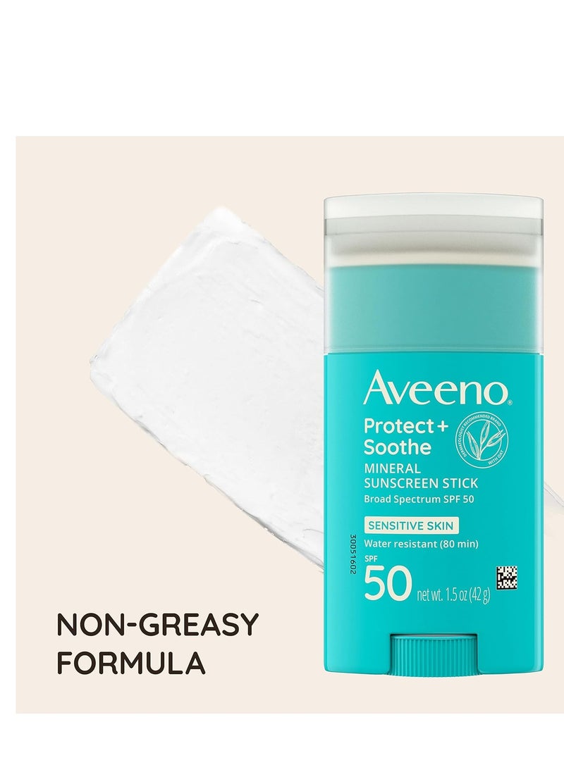 Aveeno Protect + Soothe Mineral Sunscreen Stick for Sensitive Skin, SPF 50, Water-Resistant for 80 minutes, Face & Body Sunscreen with Zinc Oxide & Oat, Fragrance-Free, Travel Size, 1.5 OZ