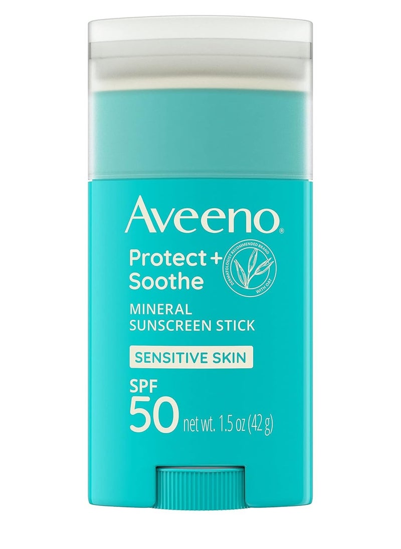 Aveeno Protect + Soothe Mineral Sunscreen Stick for Sensitive Skin, SPF 50, Water-Resistant for 80 minutes, Face & Body Sunscreen with Zinc Oxide & Oat, Fragrance-Free, Travel Size, 1.5 OZ
