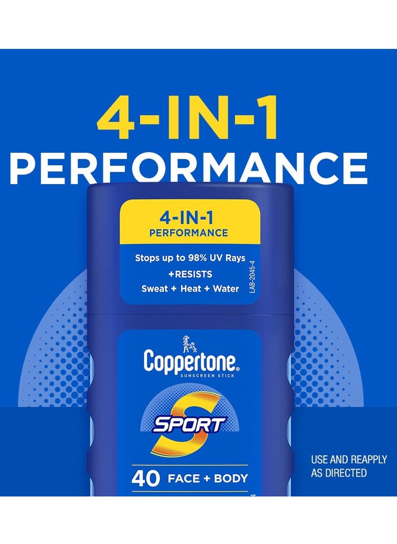 Coppertone Sport Sunscreen Stick SPF 40, Stick Sunscreen for Face and Body, Water Resistant, Travel Size, 1.5 Oz