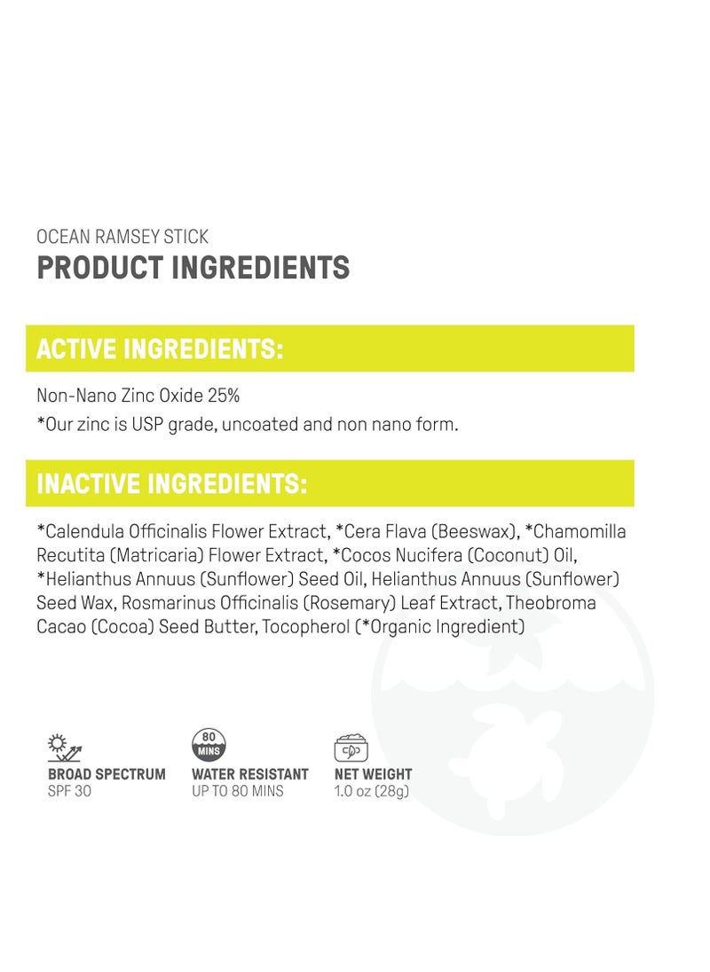 Raw Elements Ocean Ramsey World Reef Day Organic Sunscreen Stick SPF 30, Non-Nano Zinc Oxide, Reef-Safe, Cruelty-Free, Moisturizing, Zero Waste Tube, 1 oz