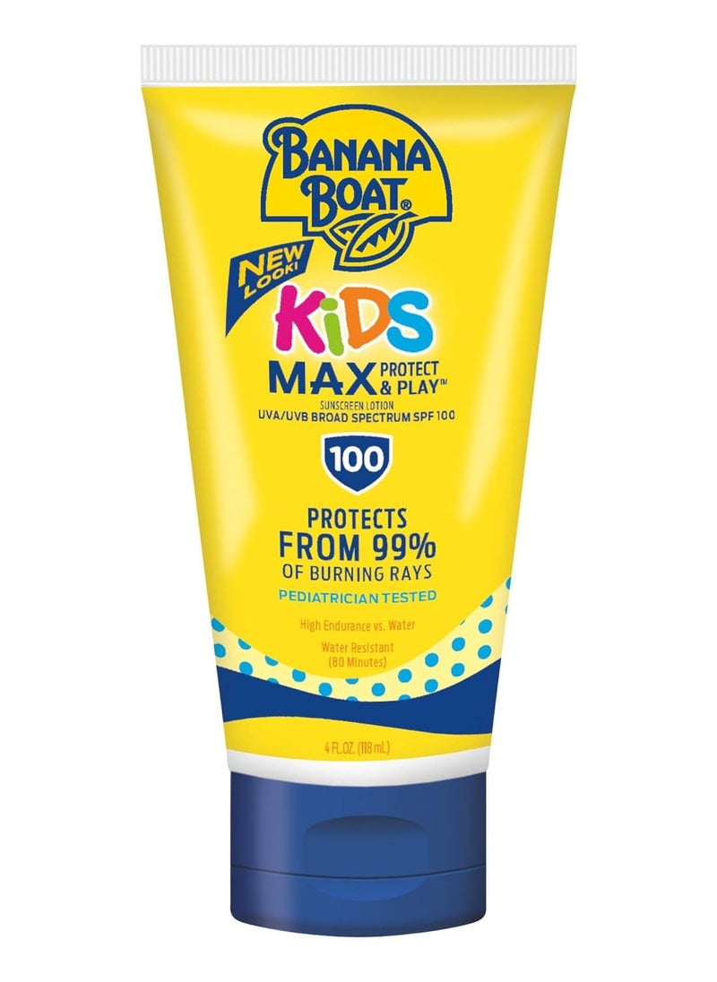 Banana Boat Kids Max Protect & Play Lotion Sunscreen SPF 100, 4oz | Childrens Sunscreen, Kids Sunblock Spray, High SPF Sunscreen, Water Resistant Sunscreen for Kids, SPF 100 Sunscreen, 4oz