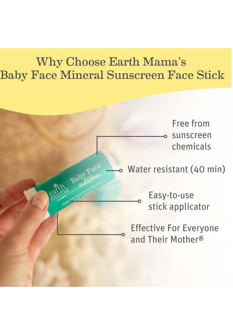 Earth Mama Baby Face Mineral Sunscreen Stick SPF 40 | Reef Safe, Non-Nano Zinc, Natural Water Resistant Sun Cream for Babies, Kids & Adults 0.74-Ounce, 3-Pack