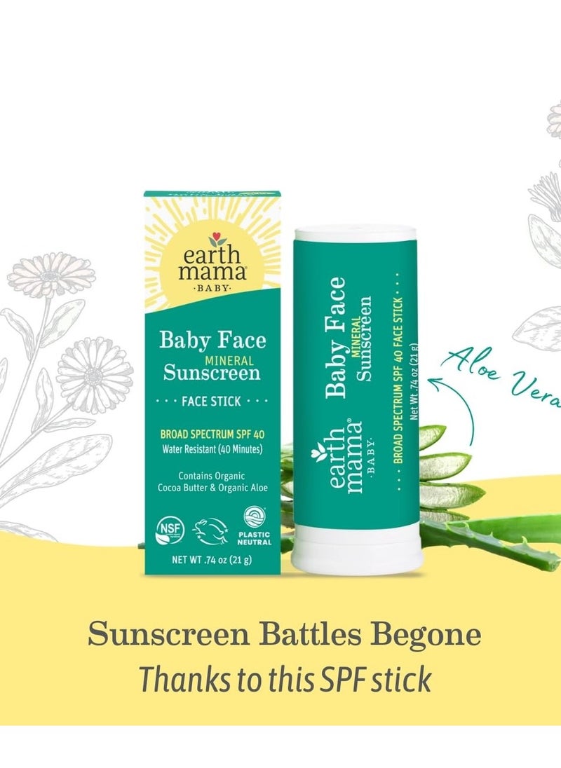 Earth Mama Baby Face Mineral Sunscreen Stick SPF 40 | Reef Safe, Non-Nano Zinc, Natural Water Resistant Sun Cream for Babies, Kids & Adults 0.74-Ounce, 3-Pack