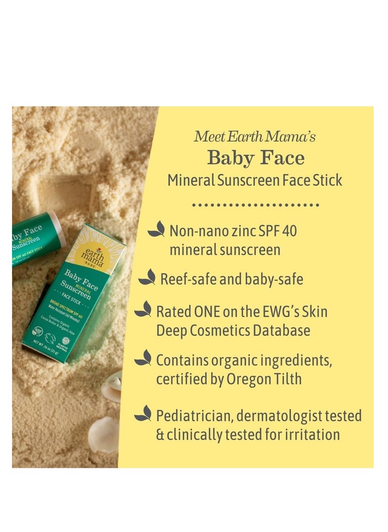 Earth Mama Baby Face Mineral Sunscreen Stick SPF 40 | Reef Safe, Non-Nano Zinc, Natural Water Resistant Sun Cream for Babies, Kids & Adults 0.74-Ounce, 3-Pack