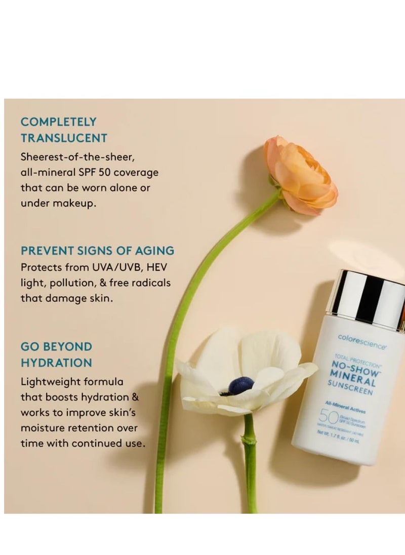 Colorescience Total Protection No-Show Mineral Sunscreen SPF 50, 1.7oz, 100% Invisible all-mineral sunscreen for all skin tones & types