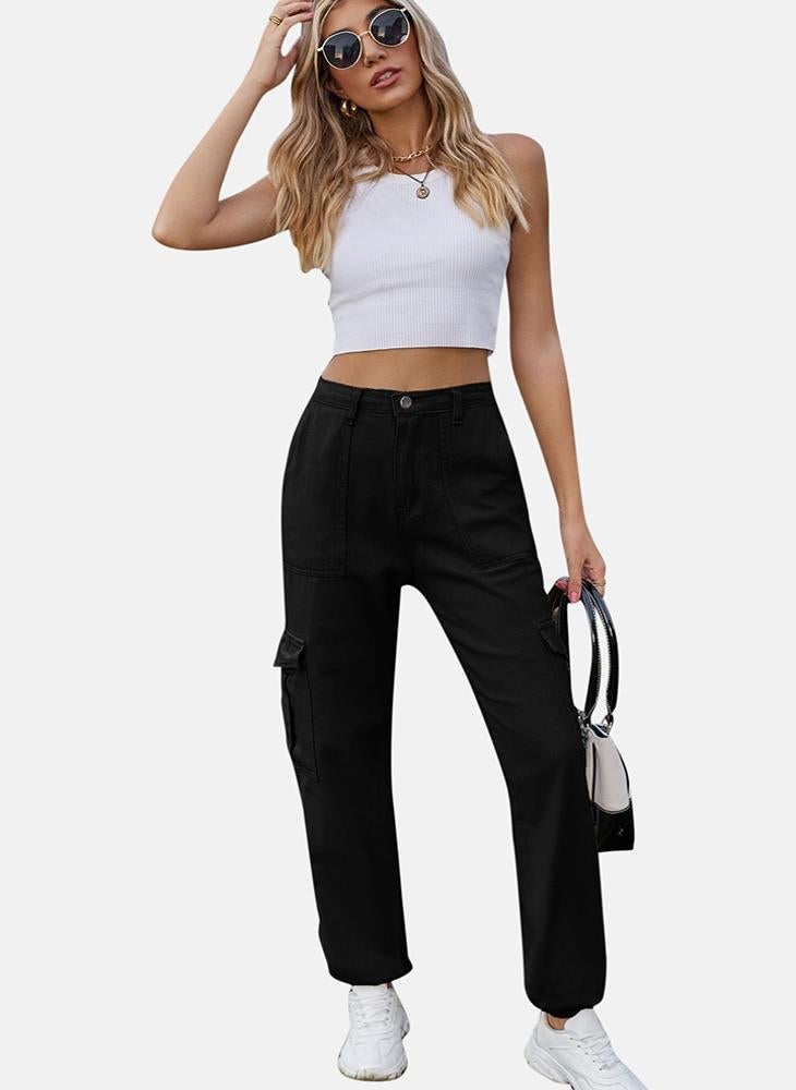 Black Regular Fit Mid Rise Plain Cargo Pant