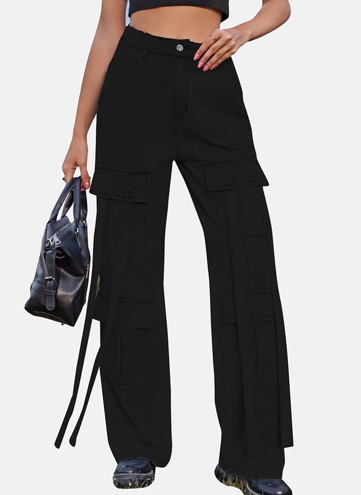 Black Regular Fit Mid Rise Plain Cargo Pant