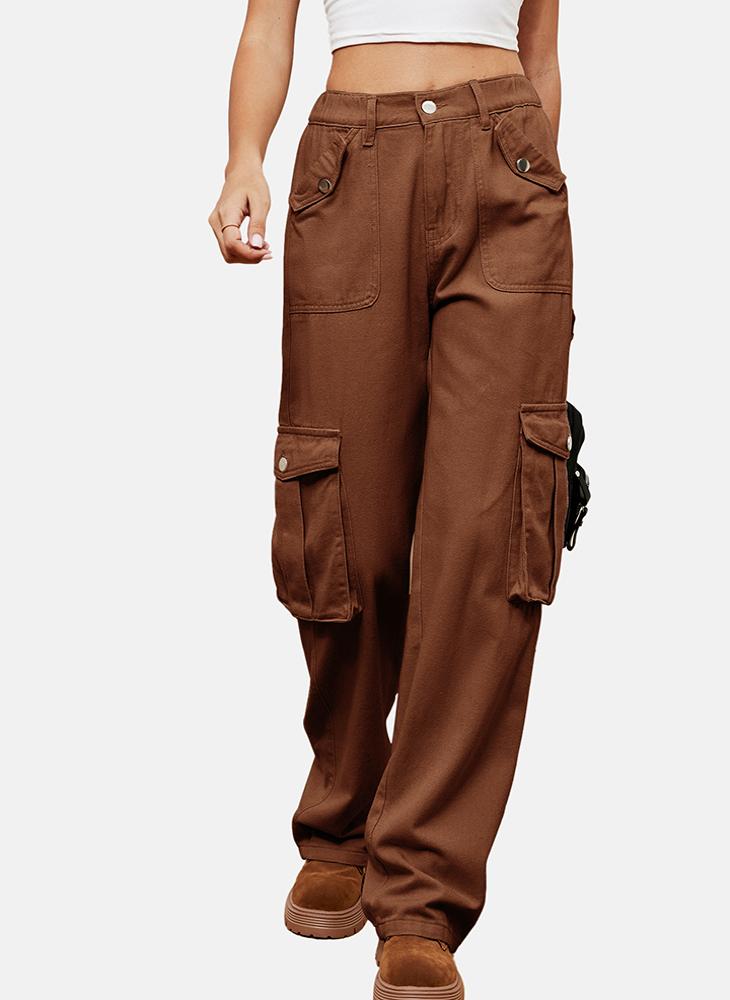 Brown Regular Fit Mid Rise Plain Cargo Pant