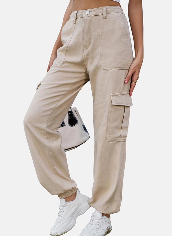 Beige Regular Fit Mid Rise Plain Cargo Pant