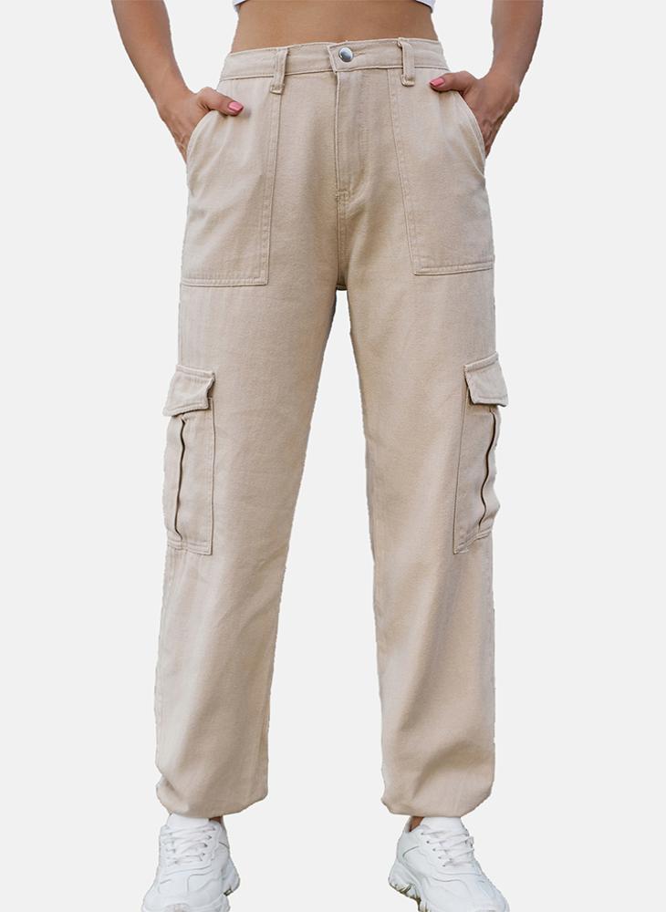 Beige Regular Fit Mid Rise Plain Cargo Pant
