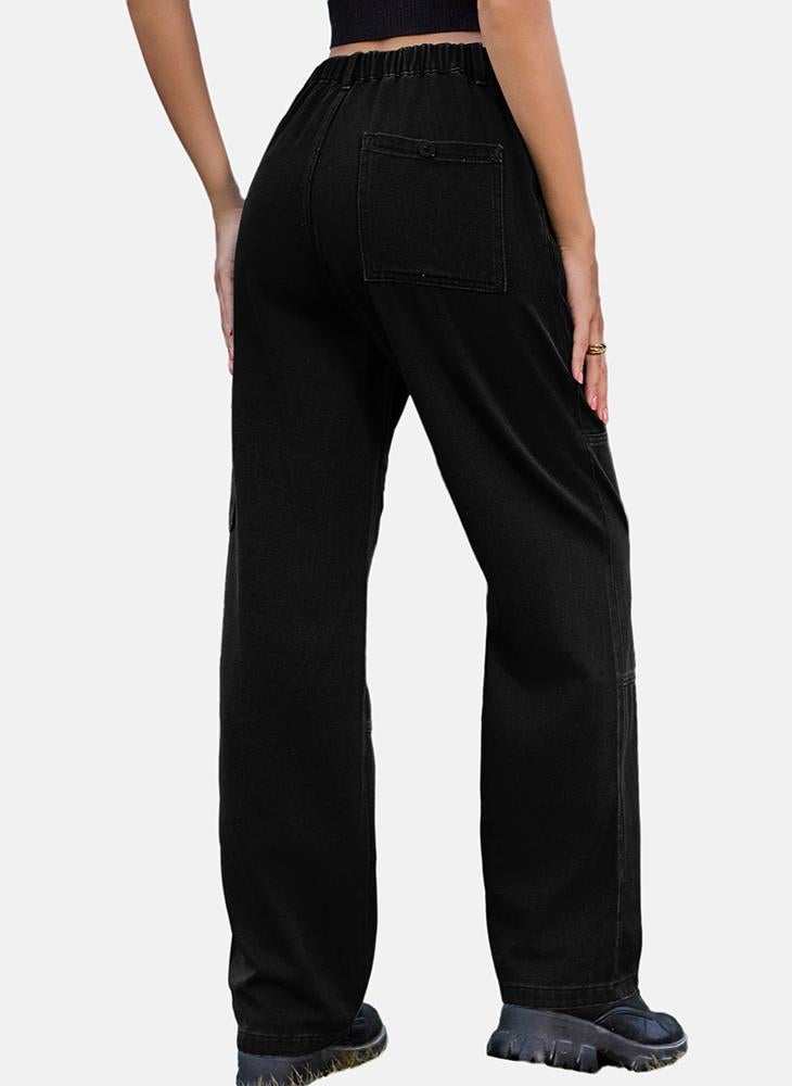 Black Regular Fit Mid Rise Plain Cargo Pant