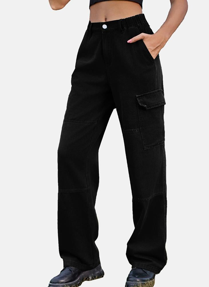 Black Regular Fit Mid Rise Plain Cargo Pant