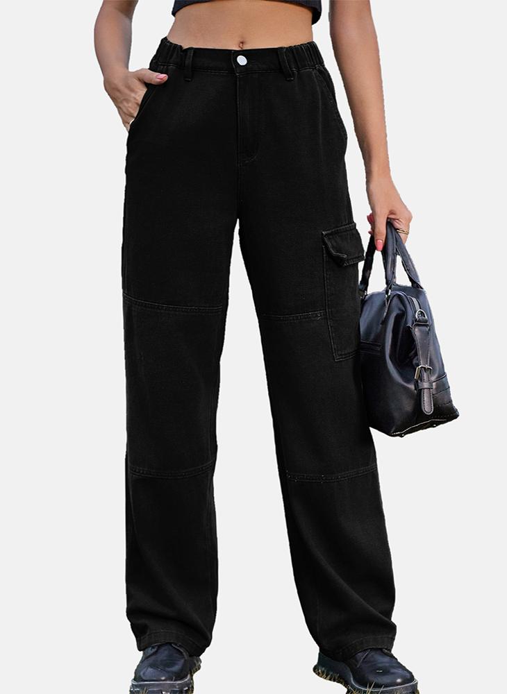 Black Regular Fit Mid Rise Plain Cargo Pant