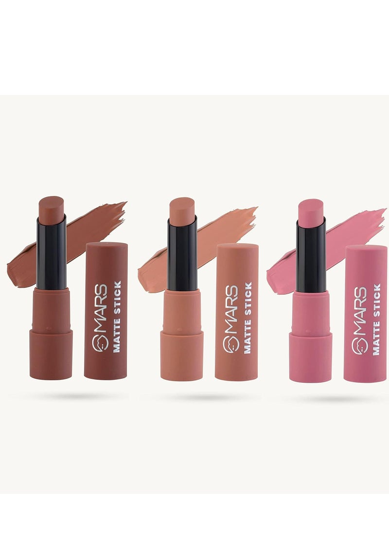 MARS Matte Box Set of 3 Lipsticks for Women | Long-Lasting | Smooth Finish | Moisturising | One Swipe Pigmentation (3x3.2 gm) (05-Blushed & Nudes)