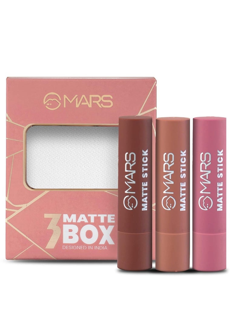 MARS Matte Box Set of 3 Lipsticks for Women | Long-Lasting | Smooth Finish | Moisturising | One Swipe Pigmentation (3x3.2 gm) (05-Blushed & Nudes)
