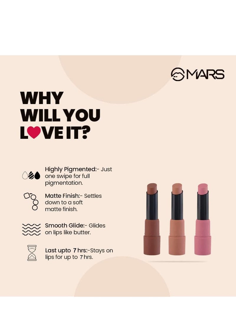 MARS Matte Box Set of 3 Lipsticks for Women | Long-Lasting | Smooth Finish | Moisturising | One Swipe Pigmentation (3x3.2 gm) (05-Blushed & Nudes)