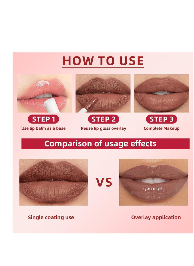 3 Colors Liquid Lipstick and Moisturizing Lip Balm 2-Step Makeup,Nude Brown Matte Shimmer 24 Hour Long Lasting labiales magicos Smooth Highly Pigmented Color Lip Gloss Stains for Women