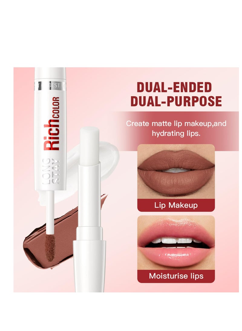 3 Colors Liquid Lipstick and Moisturizing Lip Balm 2-Step Makeup,Nude Brown Matte Shimmer 24 Hour Long Lasting labiales magicos Smooth Highly Pigmented Color Lip Gloss Stains for Women