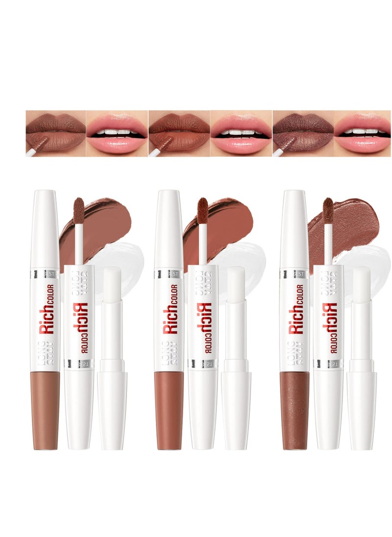 3 Colors Liquid Lipstick and Moisturizing Lip Balm 2-Step Makeup,Nude Brown Matte Shimmer 24 Hour Long Lasting labiales magicos Smooth Highly Pigmented Color Lip Gloss Stains for Women