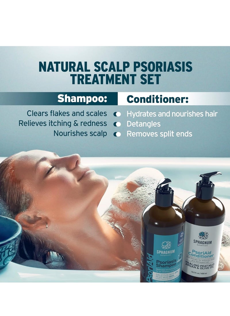 Sphagnum Botanicals Medicated Psoriasis Shampoo and Conditioner Set - Salicylic Acid 3% and Peat Mud Shampoo together with Aloe Vera and Jojoba Oil Condtioner. 2 x 13.5 fl. Oz