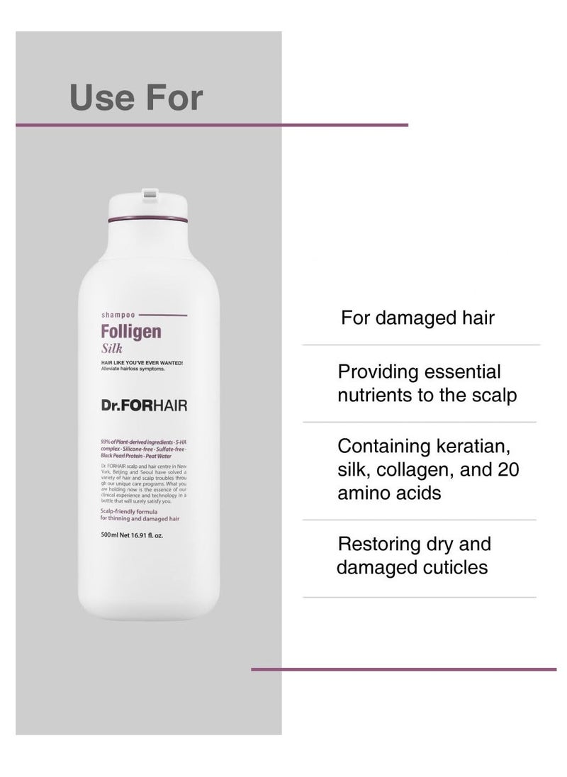 DR.FORHAIR Folligen Silk Shampoo 16.9 fl oz 500 ml For Thinning Hair Damaged Cuticles Growth Care Treatment Sulfate Silicone Free