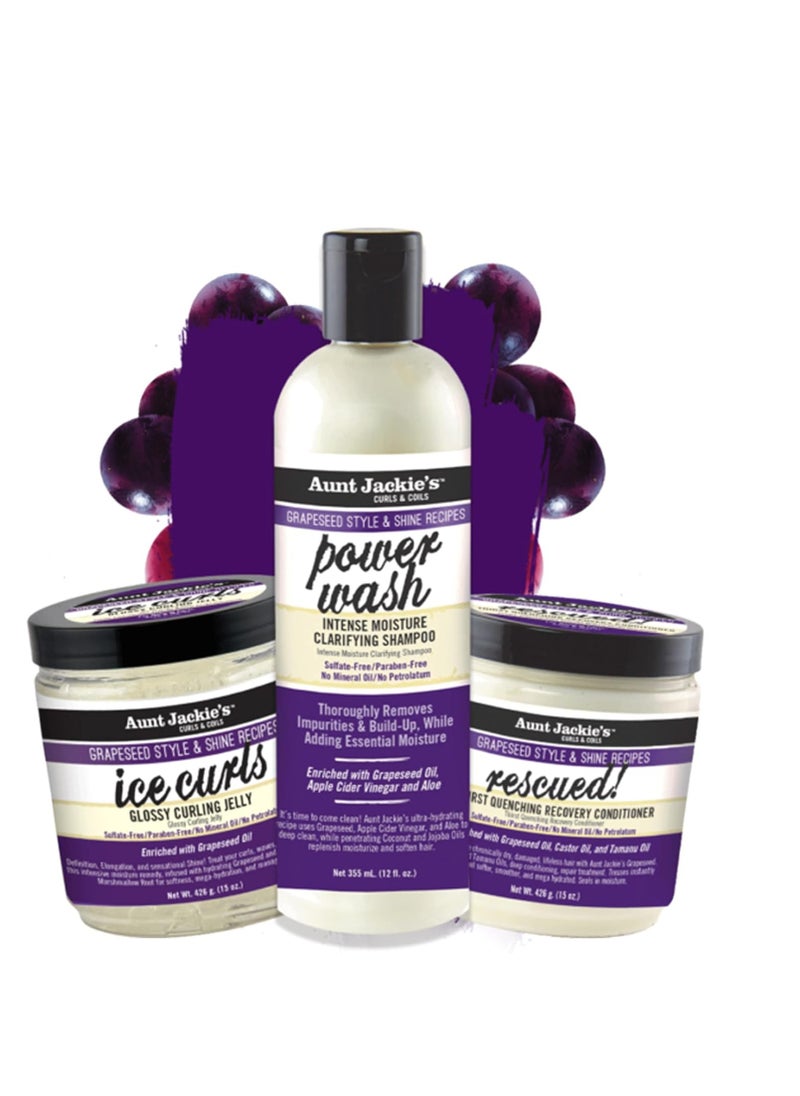 Aunt Jackie's Grapeseed Collection Perfect Intense Define, Power Wash, Rescued and Ice Curls, Combo Hydrates & Softens With Almond oil, Marshmallow Root, Purple, Pack of 3