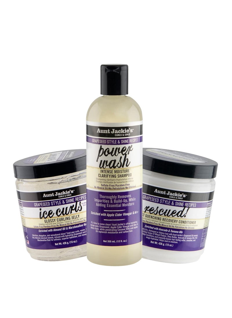 Aunt Jackie's Grapeseed Collection Perfect Intense Define, Power Wash, Rescued and Ice Curls, Combo Hydrates & Softens With Almond oil, Marshmallow Root, Purple, Pack of 3