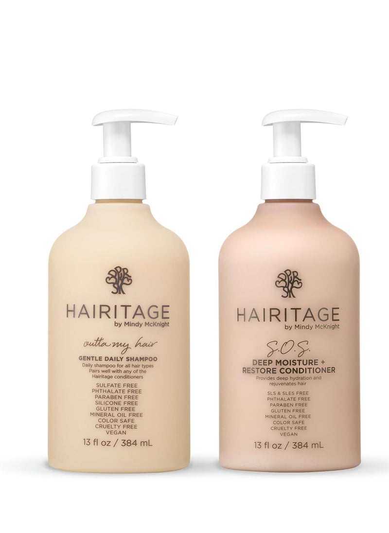 Hairitage Gentle Daily Moisture Shampoo and Conditioner Set - Split End + Bond Strengthening for Dry, Damaged Hair with Jojoba Oil - Anti-Frizz and Color Safe - Cherry + Amber Scent (13oz. 2-pack)