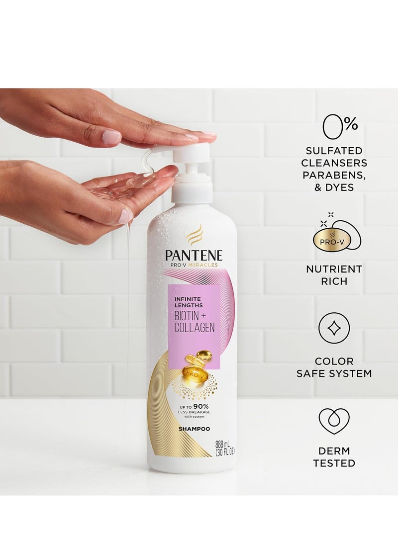 Pantene Infinite Lengths Shampoo, Sulfate Free with Biotin + Collagen, Strengthens Brittle Hair, Up to 90% Less Breakage, Safe for Color Treated Hair, Pro-V Miracles, Floral Scent, 30 Fl Oz