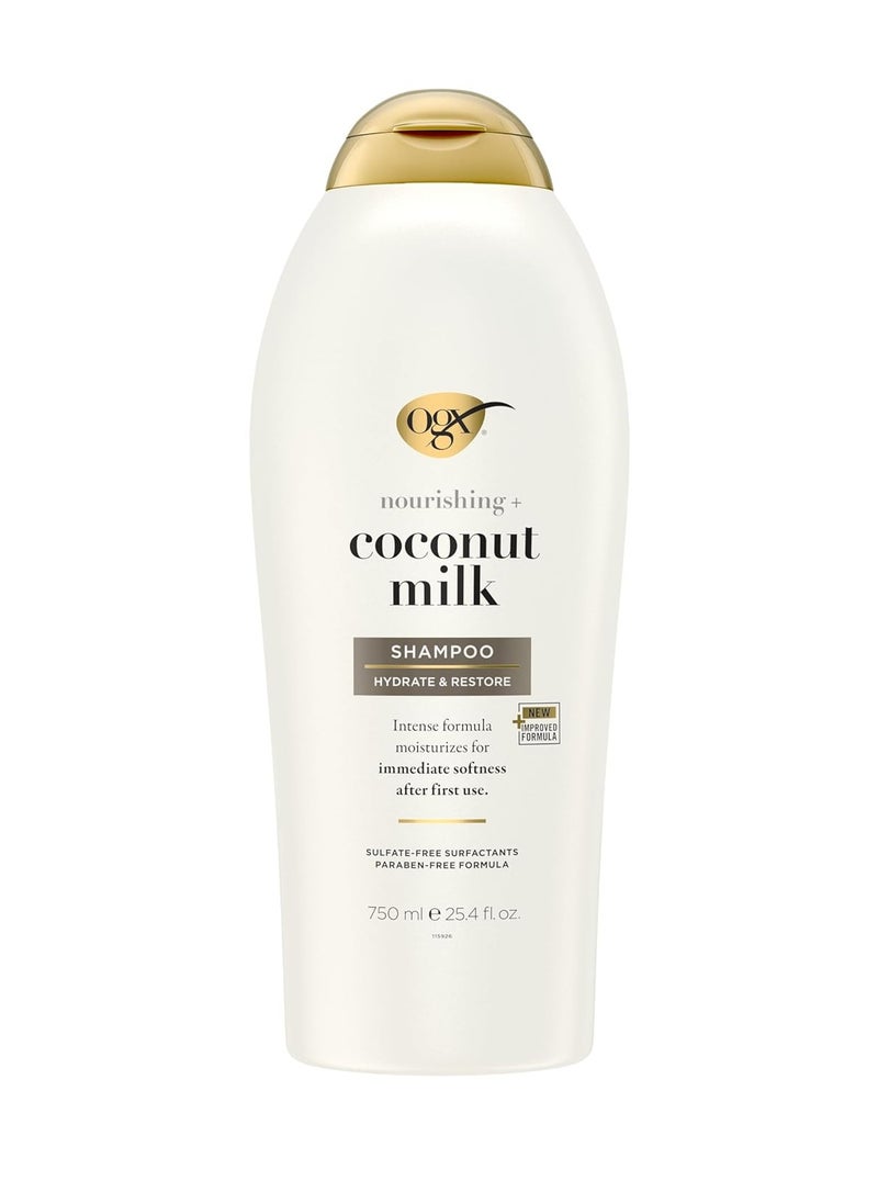 OGX Nourishing + Coconut Milk Shampoo, Hydrating & Restoring Shampoo Moisturizes for Soft Hair After the First Use, Paraben-Free, Sulfate-Free Surfactants, 25.4 fl. Oz