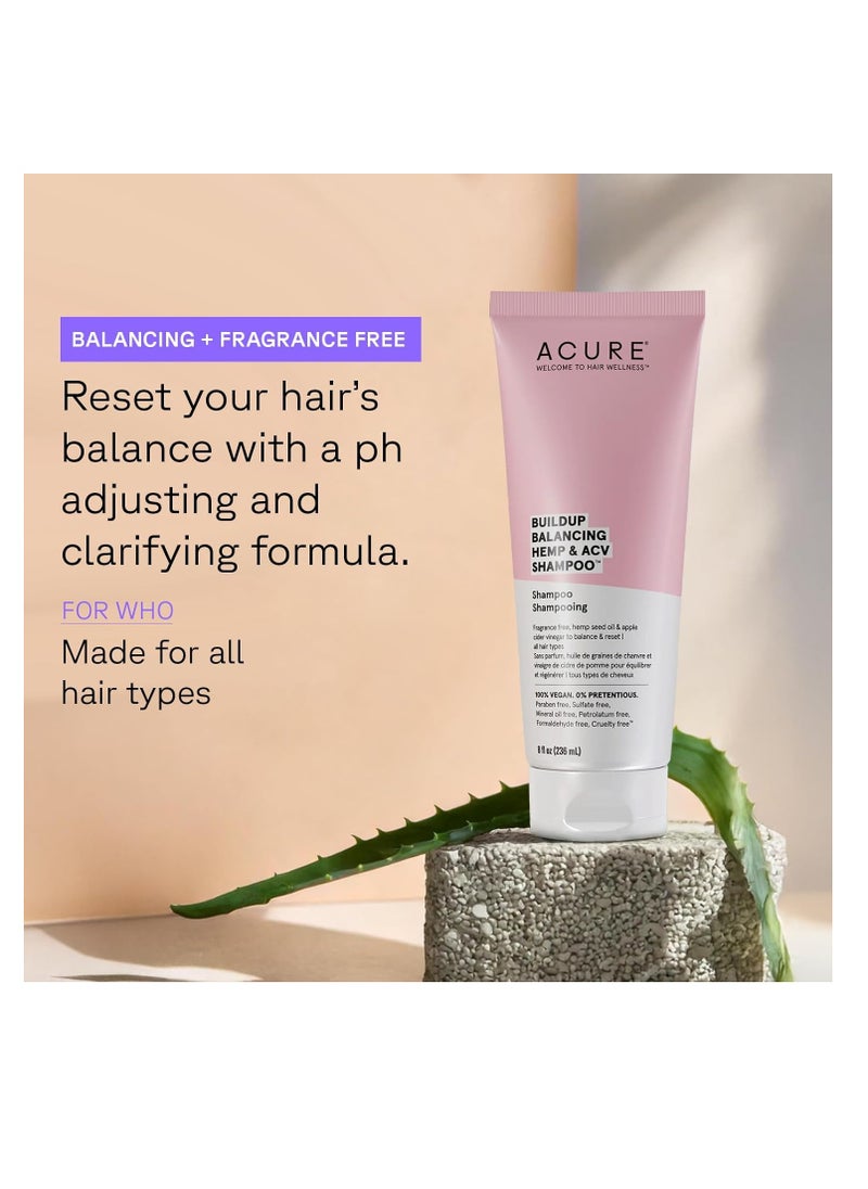 ACURE Buildup Balancing Hemp & Apple Cider Vinegar Shampoo | 100% Vegan | Resets & Balances Hair for Styled, Swim & Harsh Conditions | Fragrance Free Formula | 8 Fl Oz