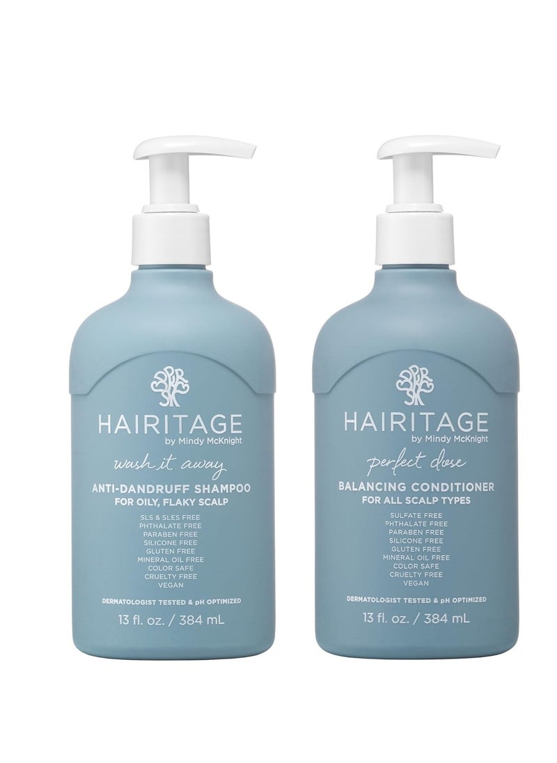 Hairitage Wash It Away Anti-Dandruff Shampoo - For Oily, Flaky Scalp - Reduces Dandruff + Perfect Dose Balancing Conditioner - Moisturizes and Soothes - 13 fl oz