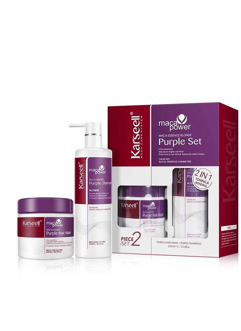 Karseell maca power Purple Hair Mask and Purple Shampoo Set, Neutralizes Brass & Yellow Tones for Blonde, Gray, Silver Color Treated Hair, 2 x 16.9floz