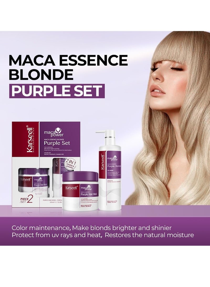 Karseell maca power Purple Hair Mask and Purple Shampoo Set, Neutralizes Brass & Yellow Tones for Blonde, Gray, Silver Color Treated Hair, 2 x 16.9floz