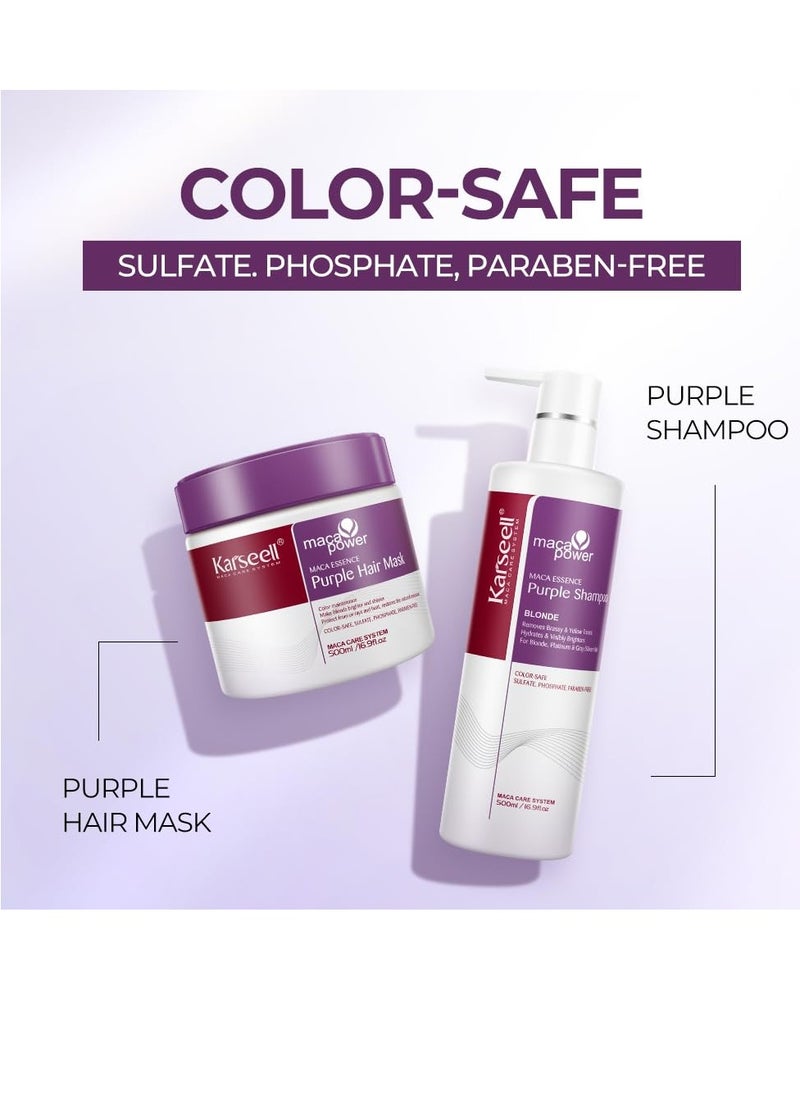 Karseell maca power Purple Hair Mask and Purple Shampoo Set, Neutralizes Brass & Yellow Tones for Blonde, Gray, Silver Color Treated Hair, 2 x 16.9floz