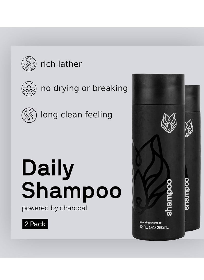 Black Wolf Everyday Men’s Shampoo - 2-Pack (12 Fl Oz) - Charcoal Powder Cleanses Scalp and Fights Dirty & Greasy Hair - Thick & Rich Lather Daily Shampoo - For All Hair Types