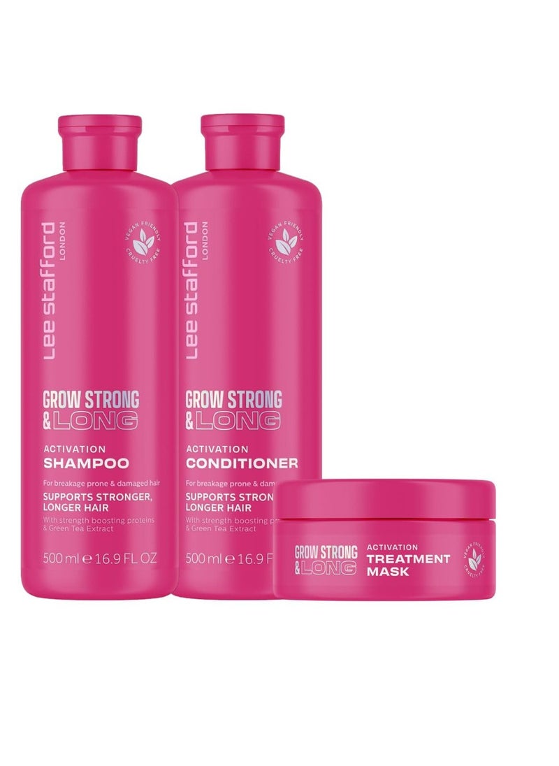 Lee Stafford Grow Strong & Long Kit | Activation Hair Regrowth Bundle Set - Anti Hair Loss Shampoo, Conditioner, & Deep Conditioning Treament Mask