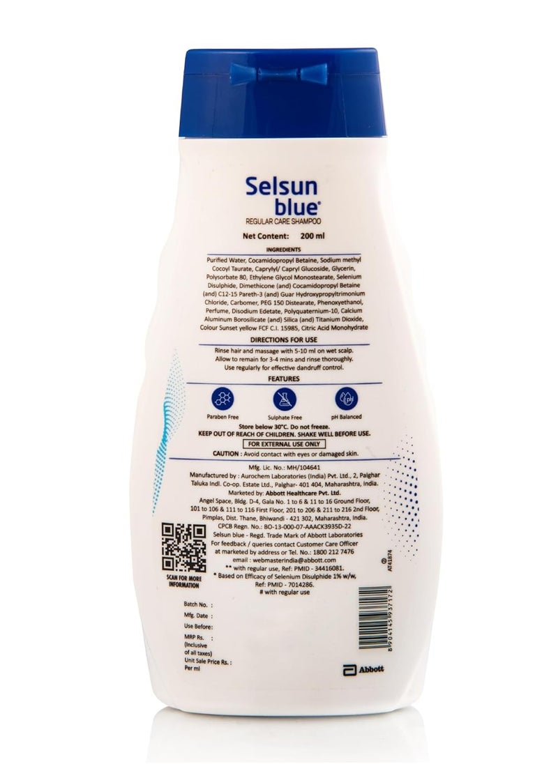 Selsun Blue Regular Care Shampoo with Added Conditioner, Helps Reduce Flaking and Itching, Control Dandruff, 200 ml (Pack of 1)