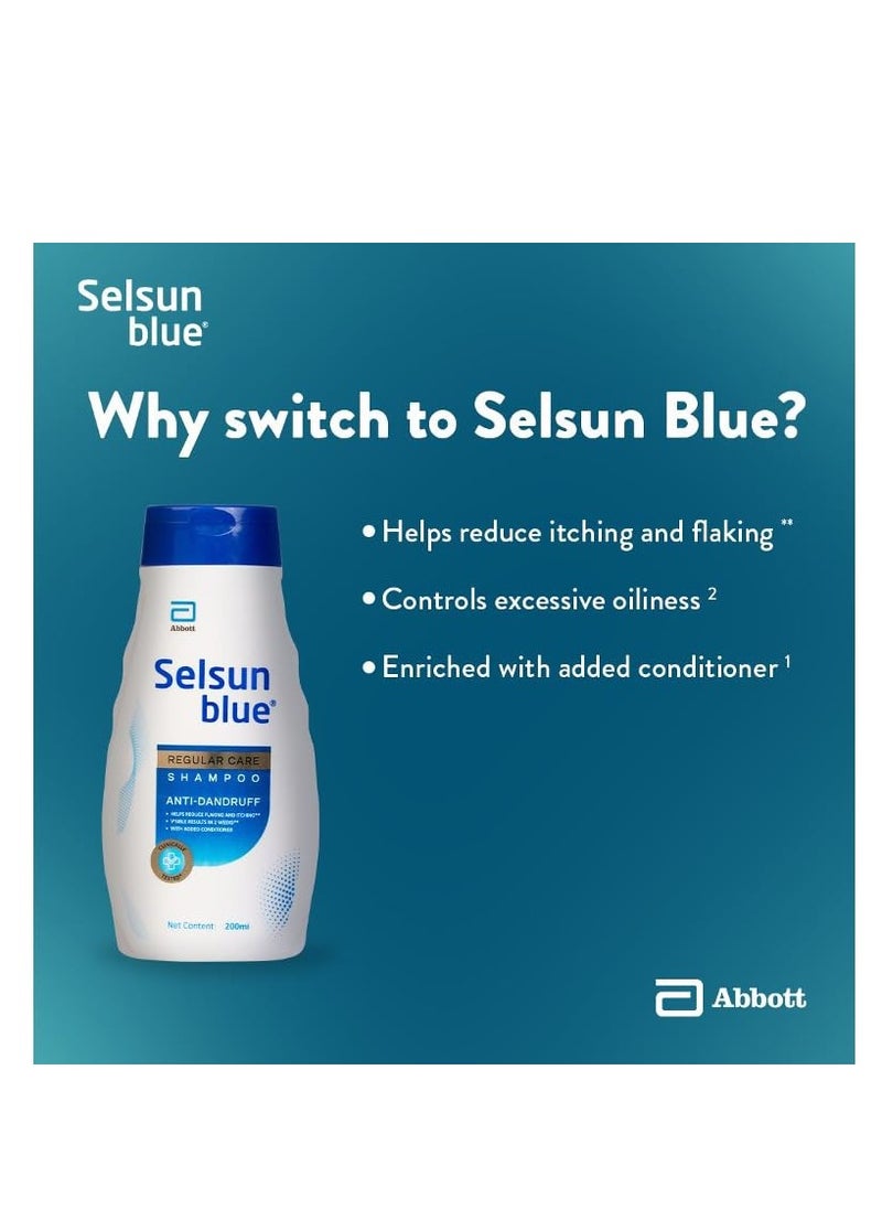 Selsun Blue Regular Care Shampoo with Added Conditioner, Helps Reduce Flaking and Itching, Control Dandruff, 200 ml (Pack of 1)